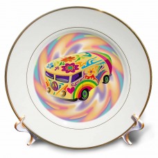 3dRose Funky Retro Hippie Sixties Seventies Bus WIth Swirly Psychedlic Background, Porcelain Plate, 8-inch   